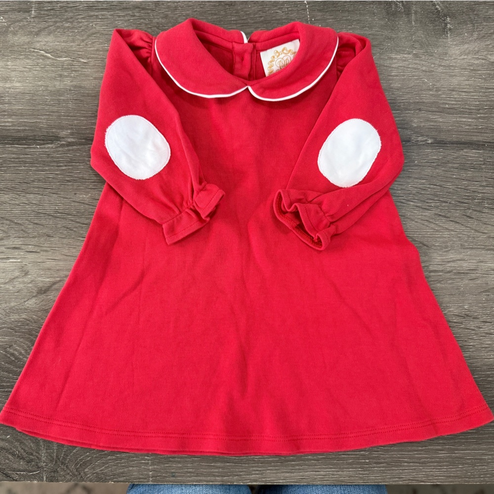 TBBC 18-24M Holly Day LS Dress Richmond Red w White elbow patches EUC